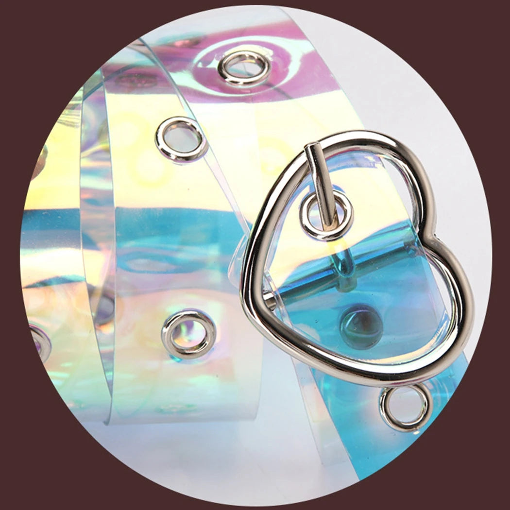 Transparenter holografischer Gürtel mit Herzschnalle, modisches Accessoire, Unisex-Design.