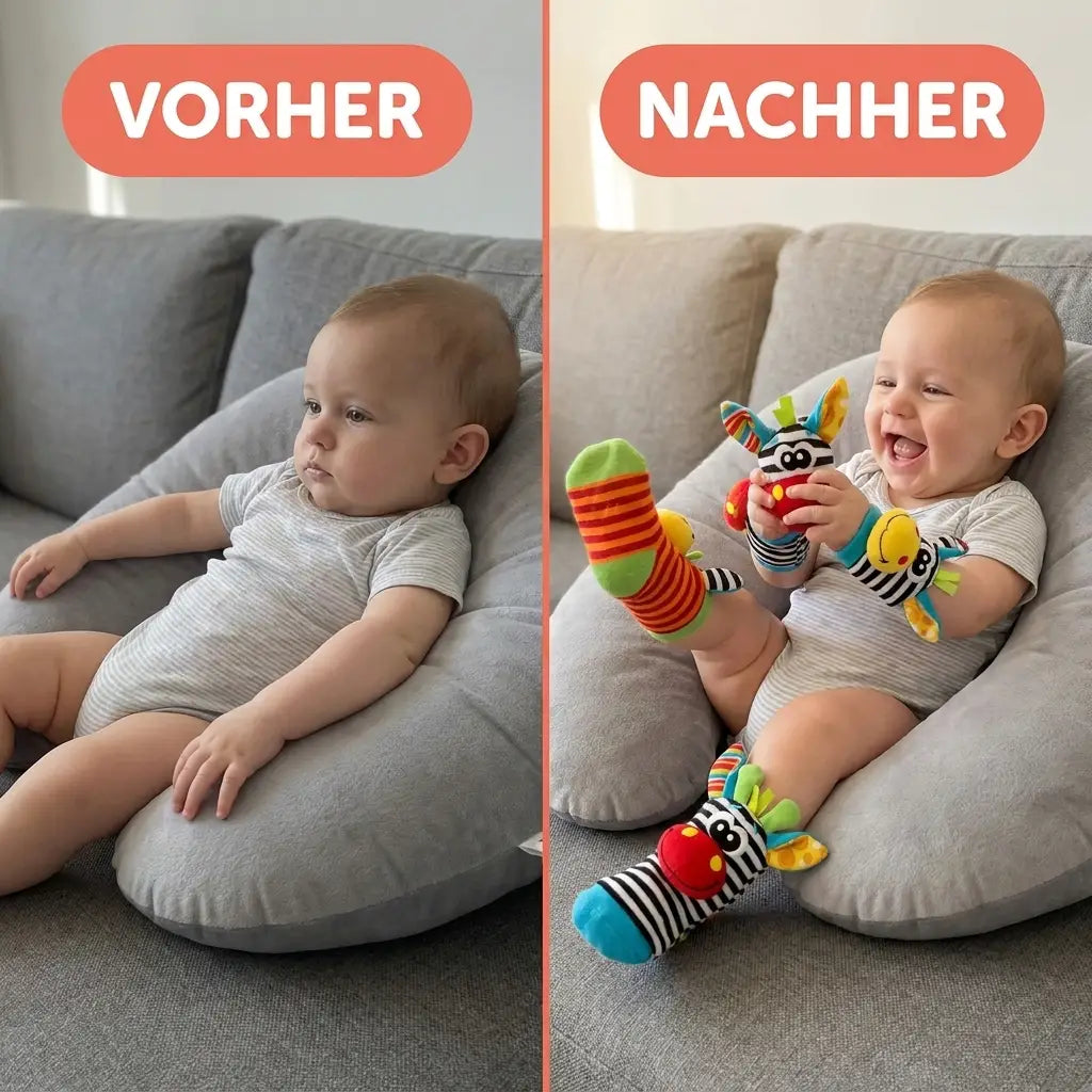 Srovnání dvou fotek: vlevo klidně sedící miminko na pohovce, vpravo se směje a hraje si s chrastítky na rukou i nohou. 4