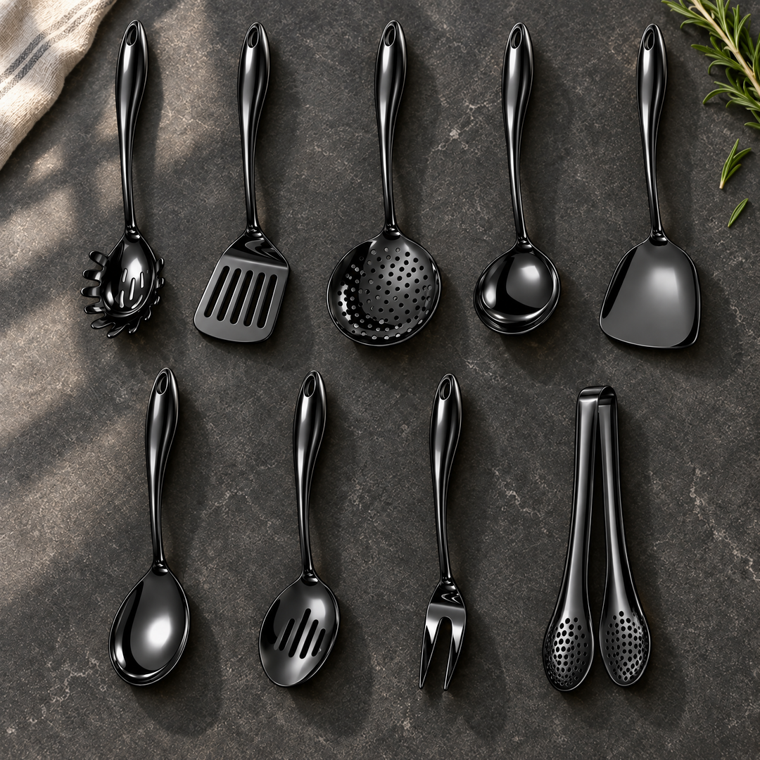 Devítidílná černá sada s lesklými zakřivenými rukojeťmi rozložená na tmavém kamenném povrchu s látkou a snítkou rozmarýnu. 29