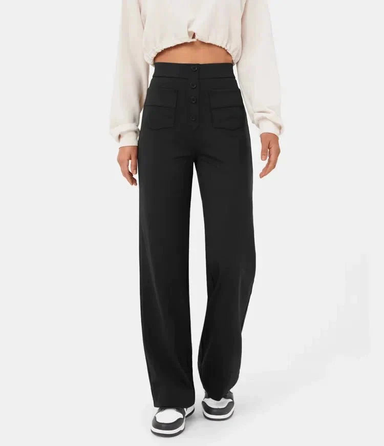 Damen schwarze High-Waist-Hose, elastisch, casual, mit Knöpfen, modisch, bequem.