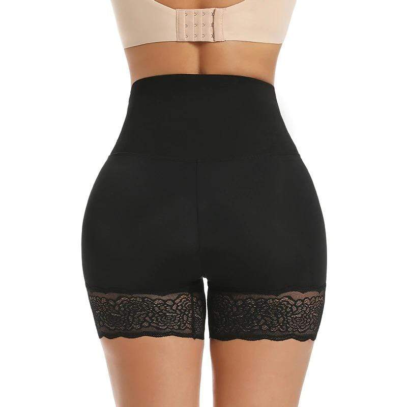 Schwarze, hoch taillierte Shapewear-Shorts mit Spitzenbesatz für Damen, figurformend.