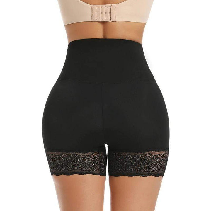 Schwarze, hoch taillierte Shapewear-Shorts mit Spitzenbesatz für Damen, figurformend.