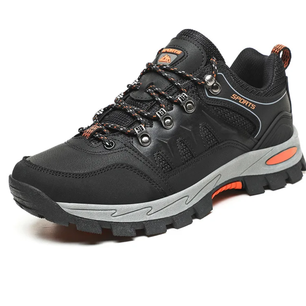 Schwarze Wanderschuhe, robust, wasserdicht, rutschfeste Sohle, ideal für Outdoor-Aktivitäten.