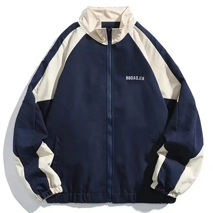 Herren Varsity Jacke, Patchwork, Colorblock, Blau und Beige, Windjacke, Frühling Herbst Mode