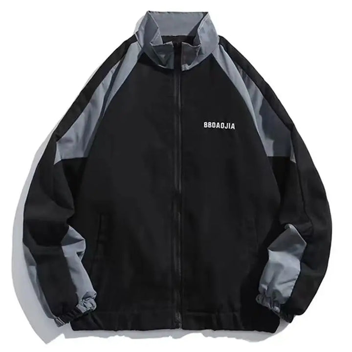 Schwarze Herren-Collegejacke, Patchwork-Design, Windjacke, Frühling Herbst, Streetwear.