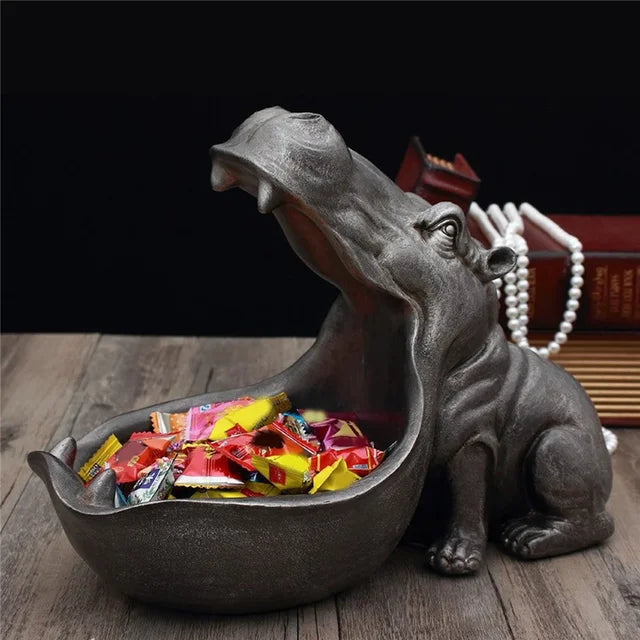 Hippo-Figur Deko-Schale, grau, für Schlüssel oder Süßigkeiten, originelles Design, Wohnzimmer.
