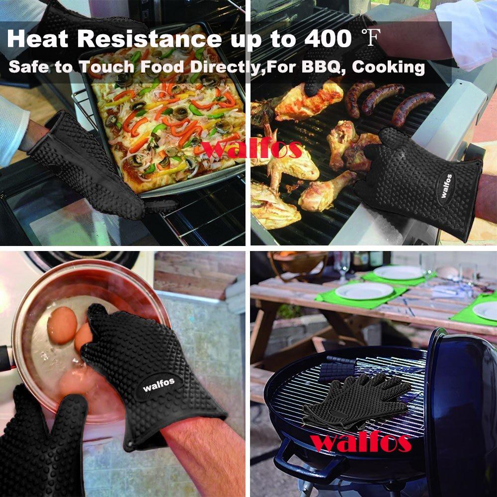 Schwarzer Silikon-Ofenhandschuh, hitzebeständig bis 400°F, ideal für Grillen und Kochen.