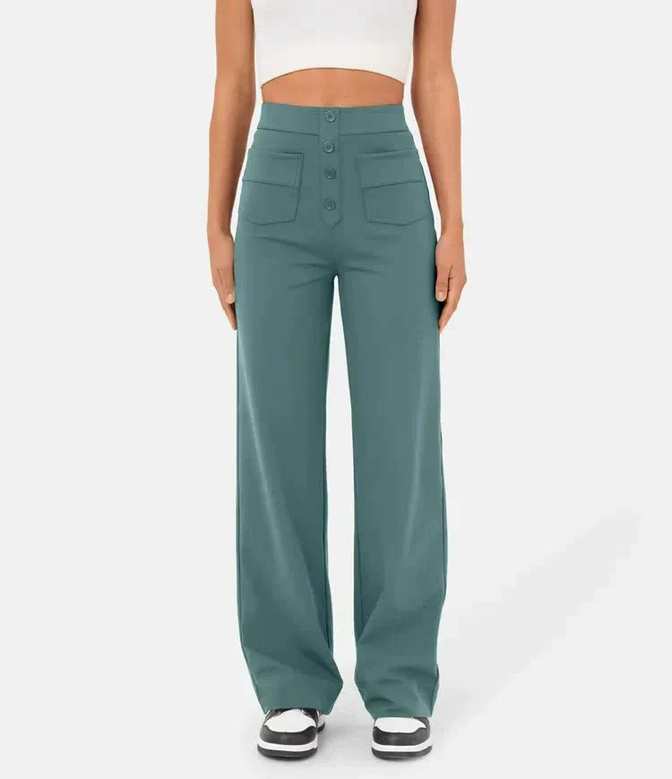Damen High-Waist Hose, grün, elastisch, casual, mit Taschen, modisch, bequem, Freizeitkleidung.