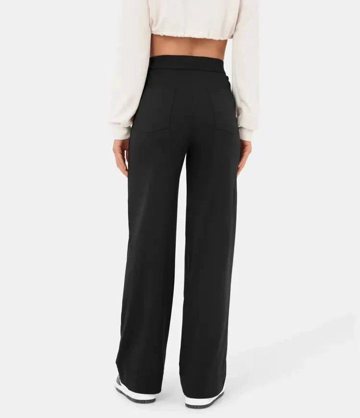 Damen schwarze High-Waist-Hose, elastisch, casual, bequem, modisch, Rückansicht.