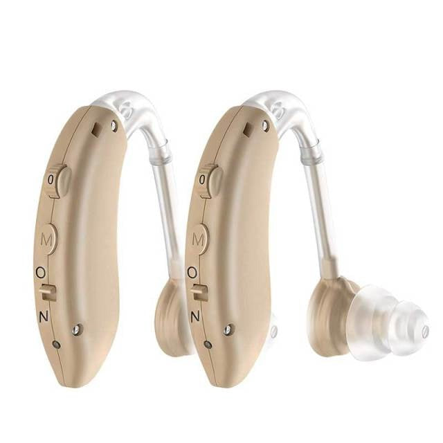 Beige digitale Hörgeräte mit Lautstärkeregler, ergonomisches Design, Hörverstärkung.