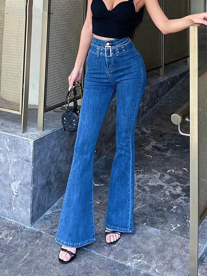 Damen Schlagjeans, hohe Taille, blau, Denim, modisch, elegant, Freizeitkleidung, Streetwear.