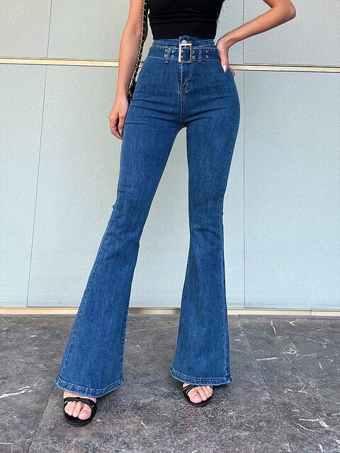 Damen Schlagjeans, hohe Taille, blau, Denim, modisch, Bauchfrei, Flared, Streetwear.
