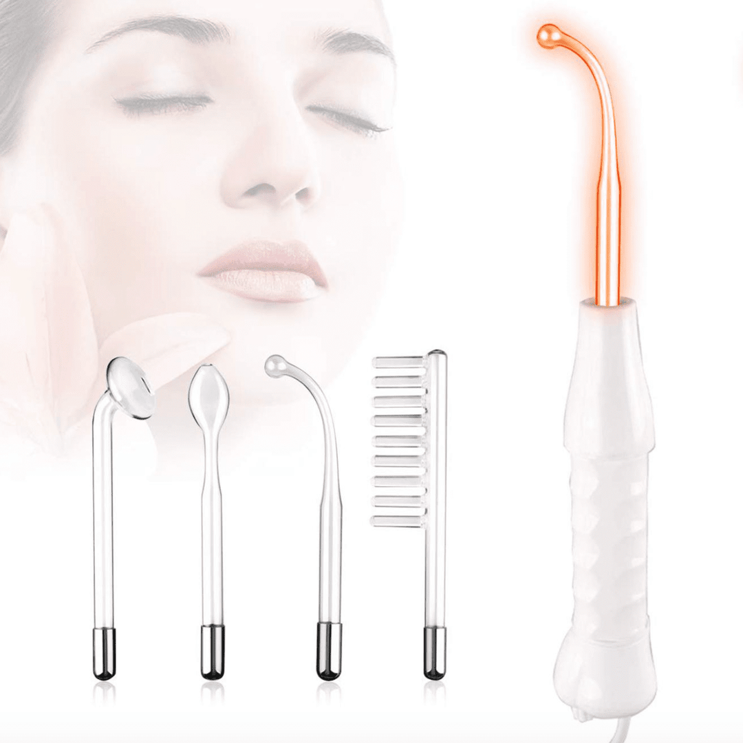 Hochfrequenzgerät mit Elektrodenaufsätzen, Gesichtspflege, Anti-Aging, Hautstraffung, Weiß.