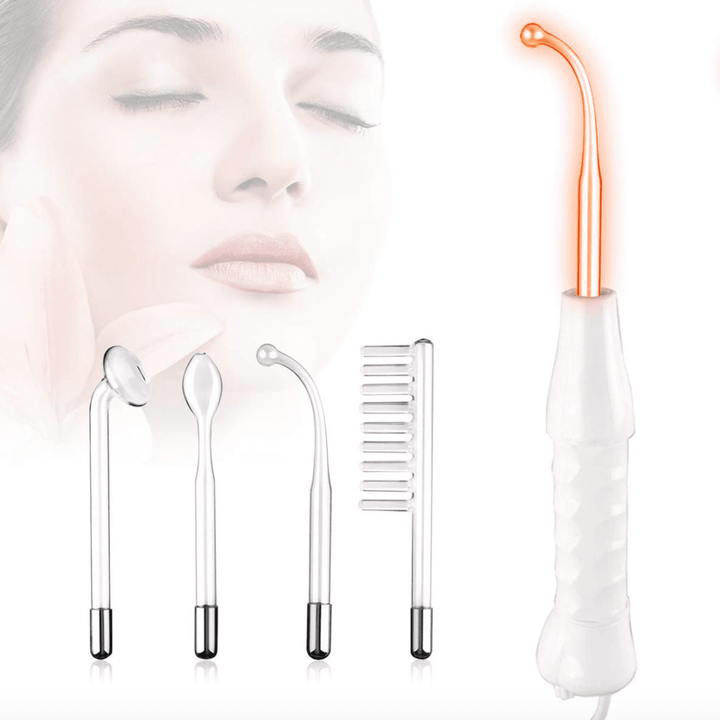 Hochfrequenzgerät mit Elektrodenaufsätzen, Gesichtspflege, Anti-Aging, Hautstraffung, Weiß.