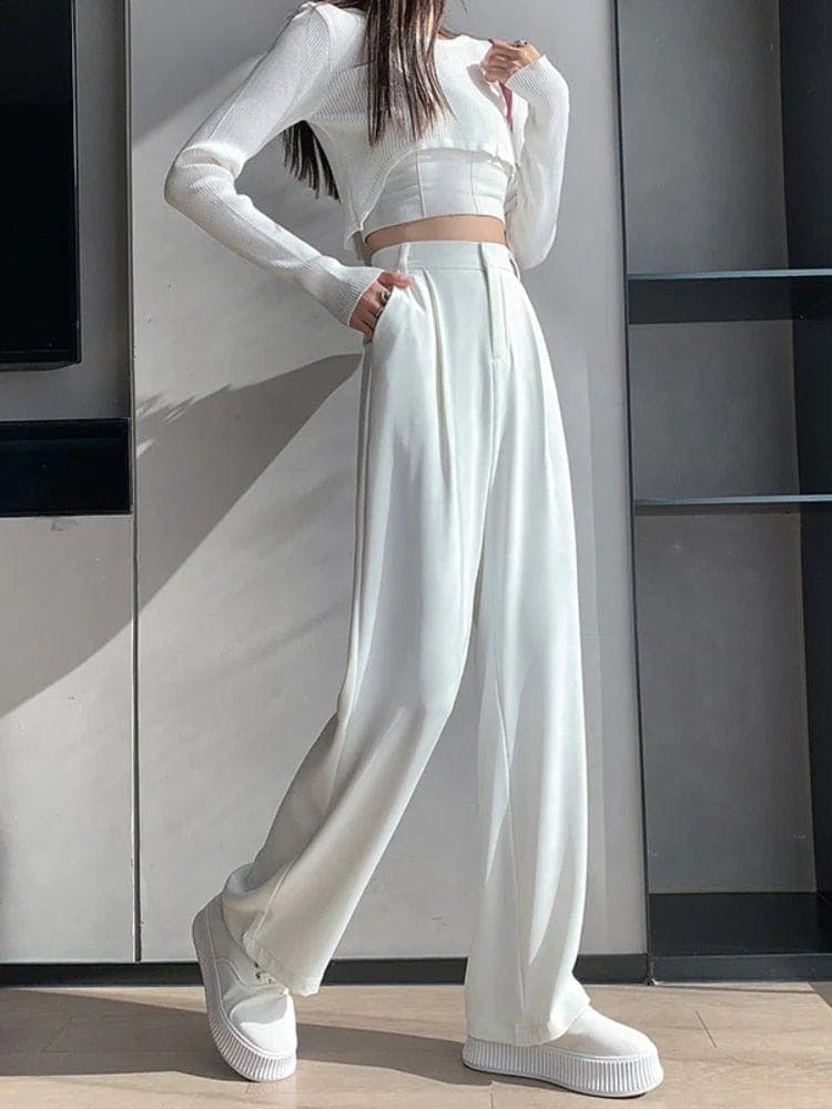 Weiße, hoch taillierte, weite Hose für Damen, modisch, elegant, aus Baumwolle.