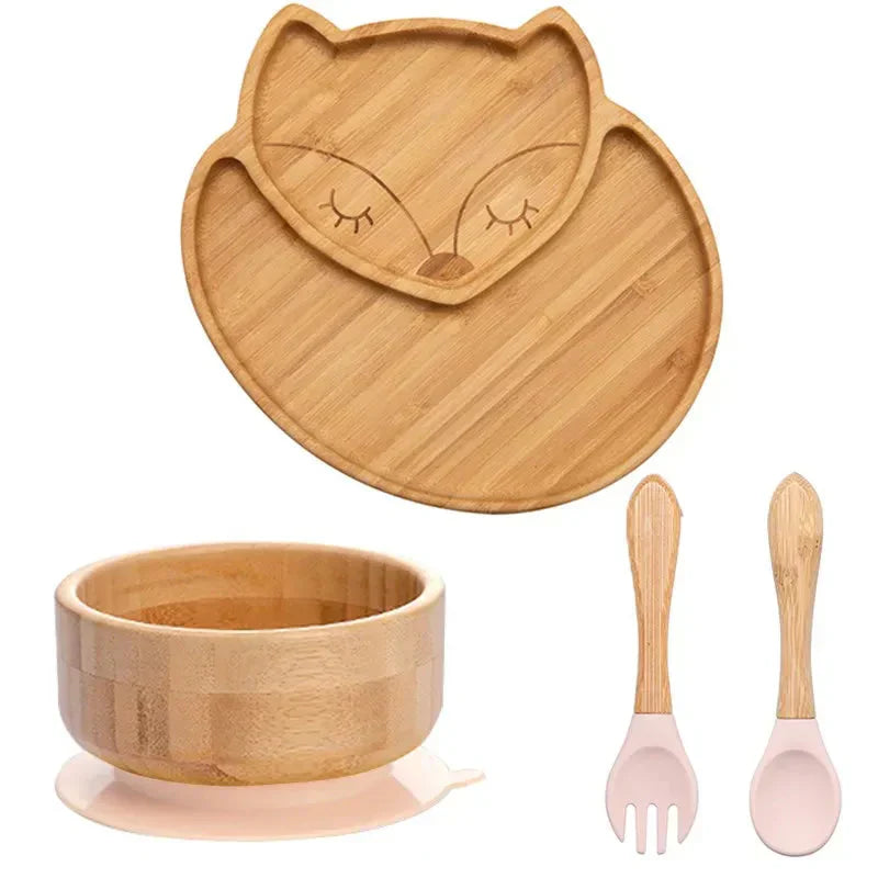 Bambus Kindergeschirr Set Eule Design, Teller, Schüssel, Besteck, umweltfreundlich, nachhaltig