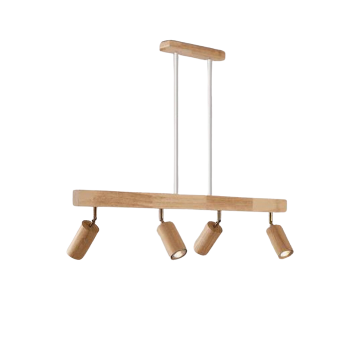 Moderne Holz-Pendelleuchte mit vier verstellbaren Spots, ideal für Esszimmerbeleuchtung.