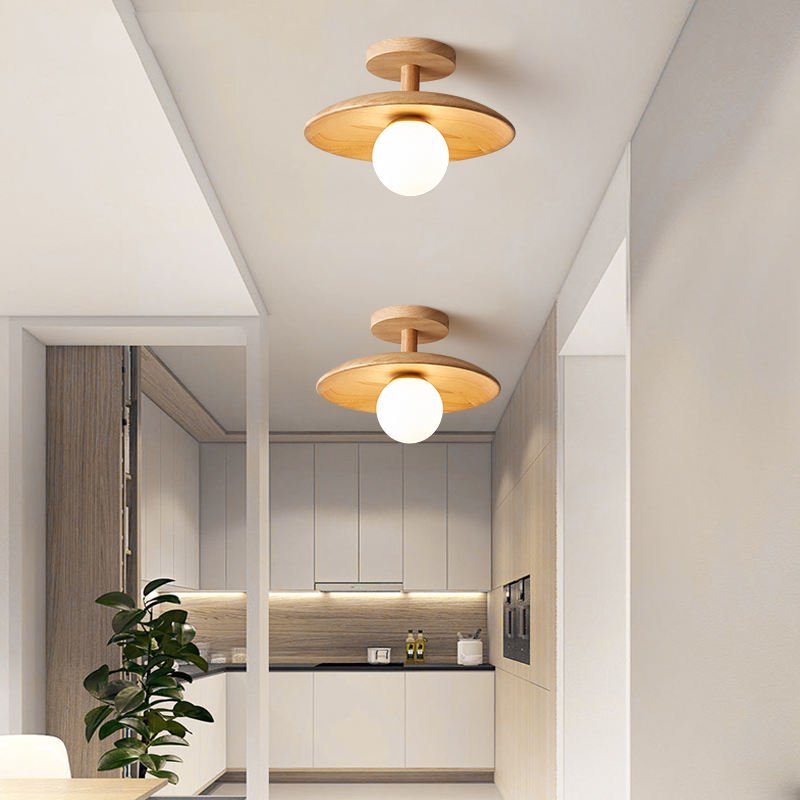 Moderne Deckenleuchte Holz rund LED warmweiß Küche minimalistisch skandinavisch Design.