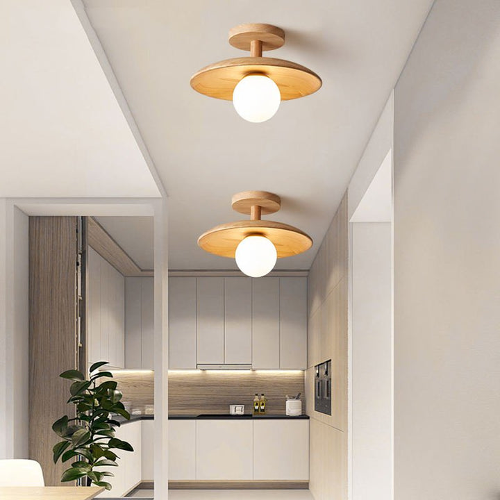 Moderne Deckenleuchte Holz rund LED warmweiß Küche minimalistisch skandinavisch Design.