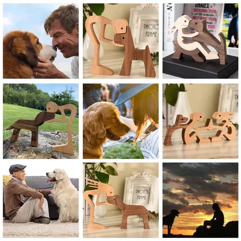 Holzskulpturen Hund und Mensch, dekorative Figuren, handgefertigt, Naturholz, Geschenkidee.