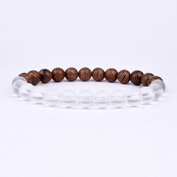 Armband aus Holz und Glasperlen, braun und transparent, Schmuck für Damen und Herren.