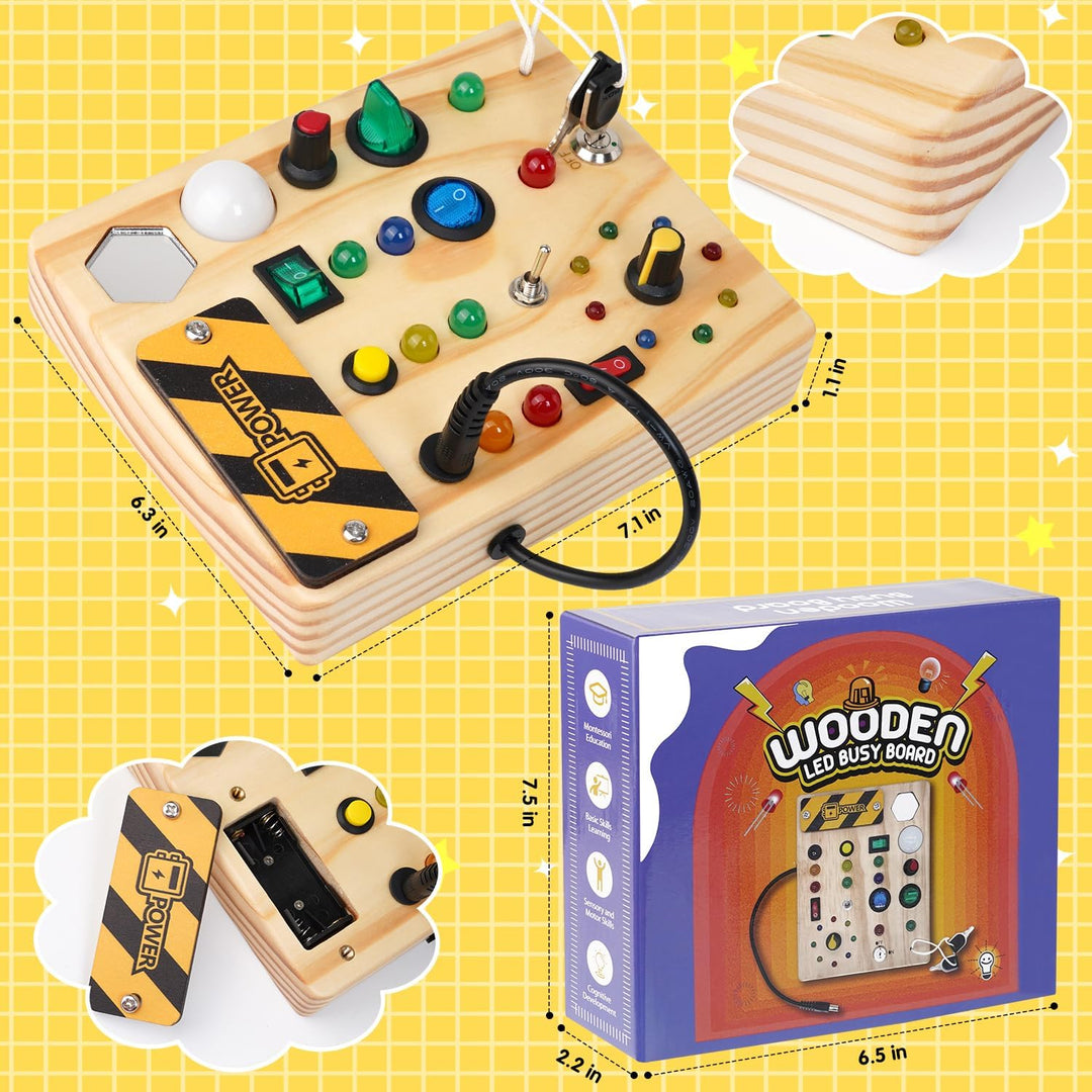 Holz Busy Board für Kinder, LED-Licht, Schalter, Lernspielzeug, Montessori, 6,5x7,1 Zoll