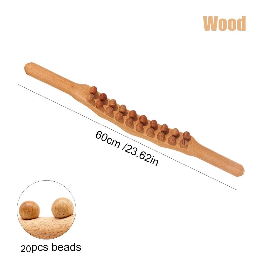Holz-Massagestab mit 20 Perlen, 60 cm lang, zur Muskelentspannung und Durchblutungsförderung.