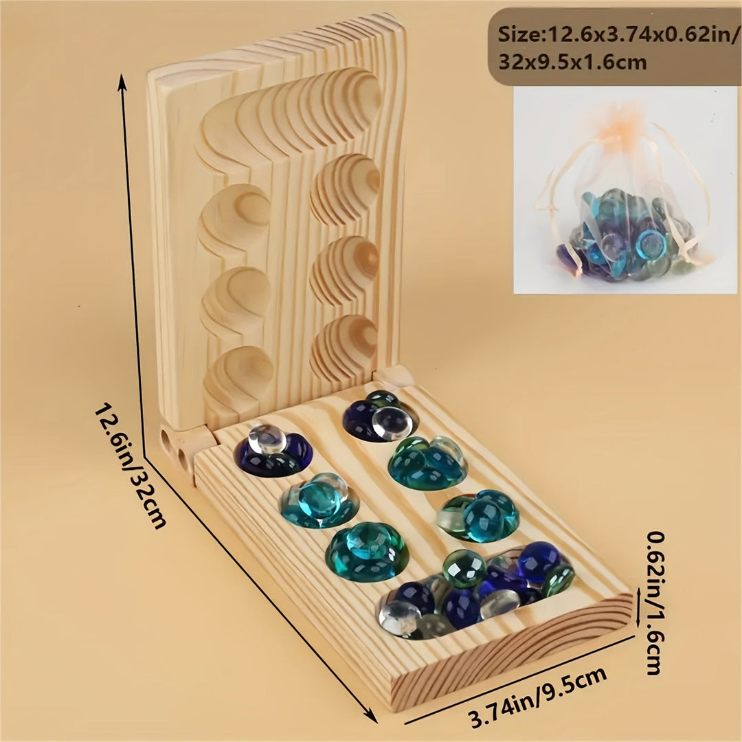 Holz-Murmelspiel mit blauen und klaren Glasmurmeln, faltbar, 32x9.5x1.6cm, inkl. Beutel.