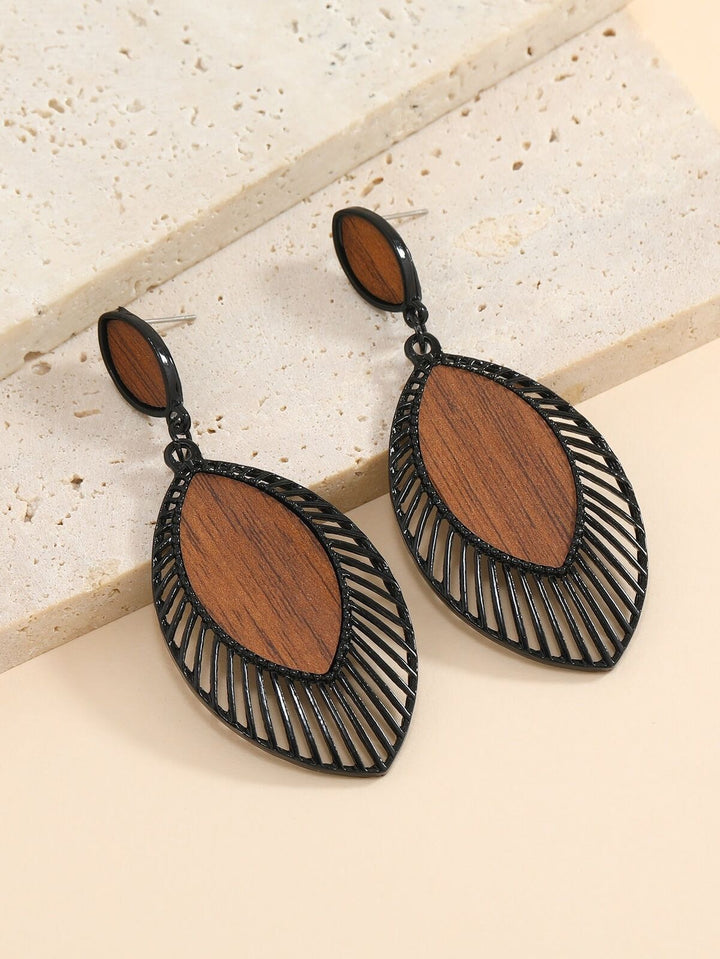 Holz-Ohrringe mit schwarzem Metallrahmen, oval, modisch, Damen-Schmuck, elegant.