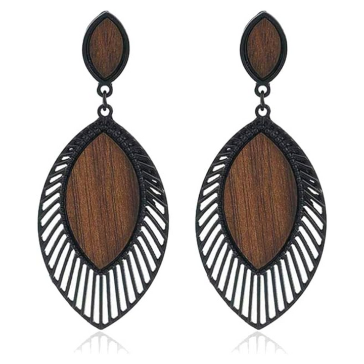 Schwarze und holzfarbene Ohrringe, oval, aus Metall und Holz, modisches Schmuckdesign.