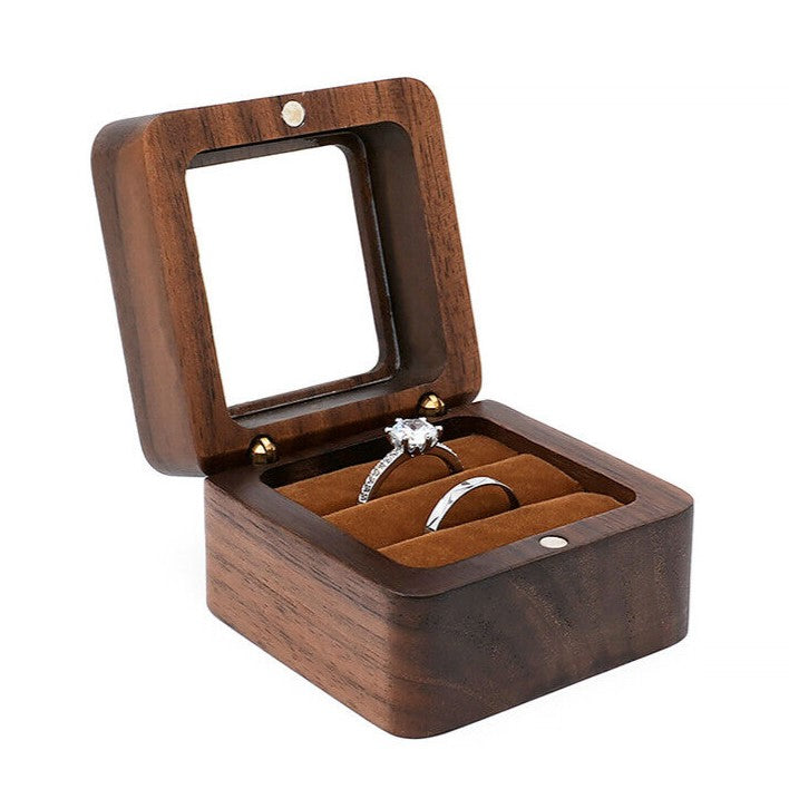 Holz-Ringbox mit Glasdeckel, zwei Ringe, Schmuckaufbewahrung, dunkelbraun, elegant, Geschenkbox.