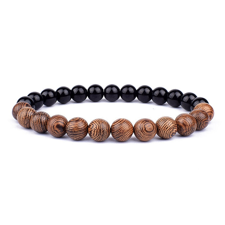 Armband aus Holz und Onyx, braune und schwarze Perlen, Unisex-Schmuck, Naturmaterialien.