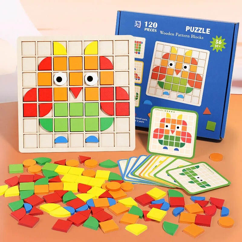 Holzpuzzle für Kinder, 120 Teile, bunte Musterblöcke, Eulenmotiv, Lernspielzeug.