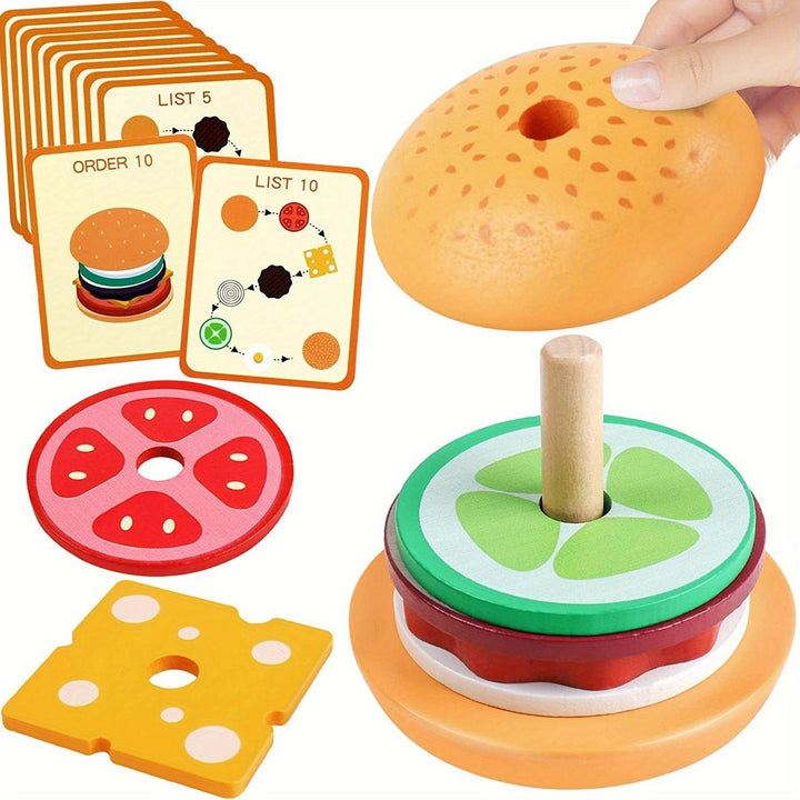 Holzspielzeug Burger Set mit Stapelringen, bunten Zutaten und Spielkarten für Kinder.