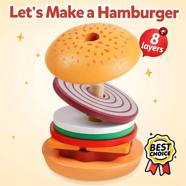 Holzspielzeug Hamburger, stapelbar, 8 Schichten, Kinderküche, Lernspielzeug, bunt