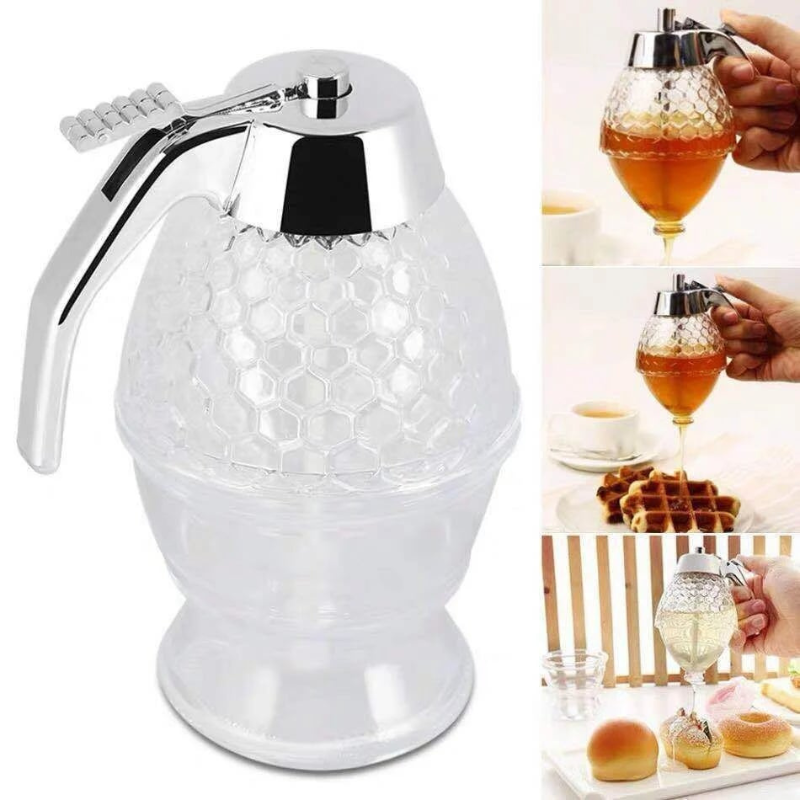 Honigspender aus Glas mit Chromdeckel, ideal für präzises Dosieren von Honig und Sirup.