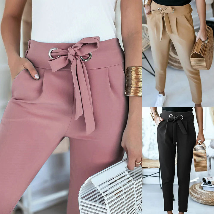 Damenhose mit Schleife, rosa, beige, schwarz, modisch, elegant, hoher Bund, Freizeitkleidung.