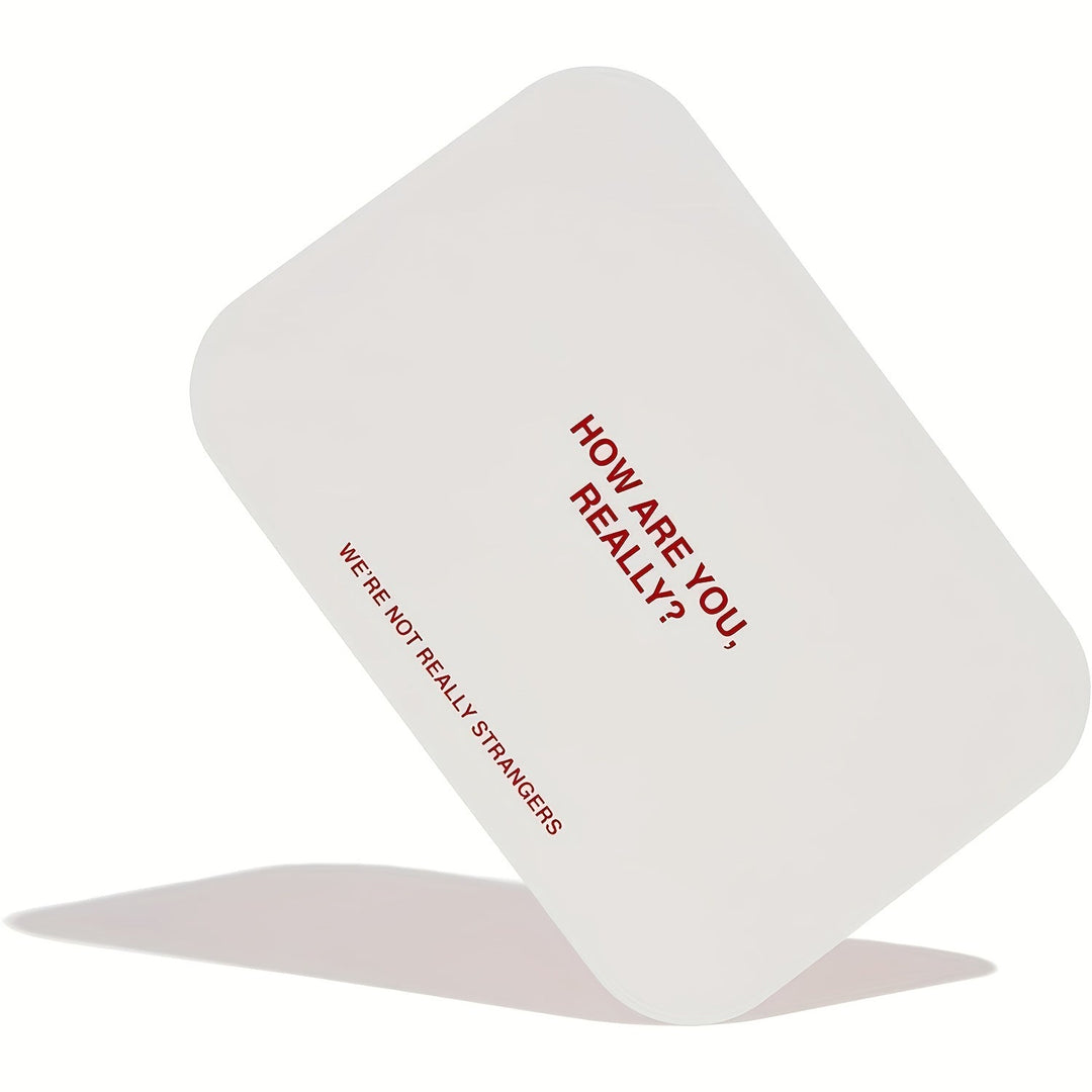 Weiße Karte mit rotem Text "HOW ARE YOU, REALLY?" von "WE'RE NOT REALLY STRANGERS".