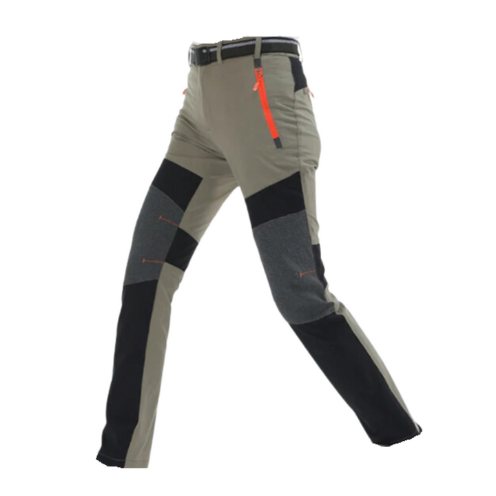 Wasserdichte Outdoor-Hose, grau-schwarz, mit orangefarbenen Reißverschlüssen, für Herren.