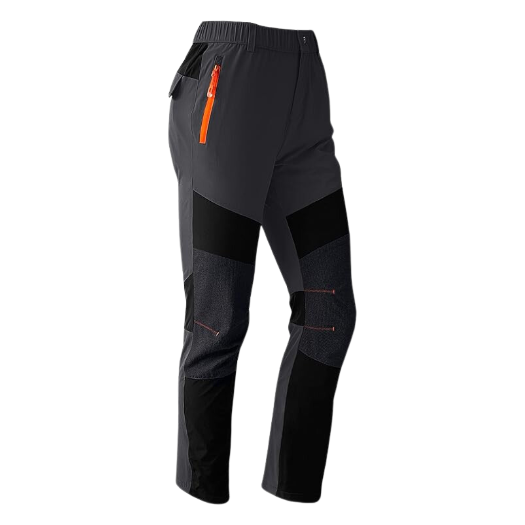 Graue Outdoor-Hose mit elastischem Bund und orangefarbenem Reißverschluss für Herren.
