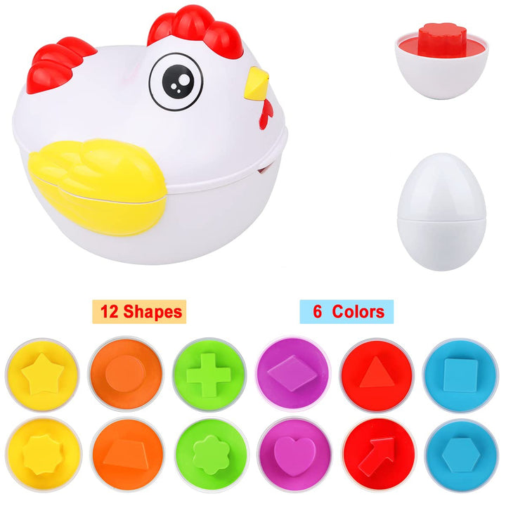Hühnerförmiges Lernspielzeug, bunte Formen, pädagogisches Spielzeug für Kinder.