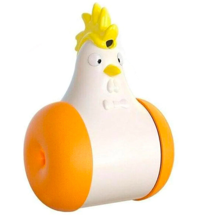 Weißer und gelber Hühner-Küchenrollenhalter aus Kunststoff mit orangefarbenen Rollen.