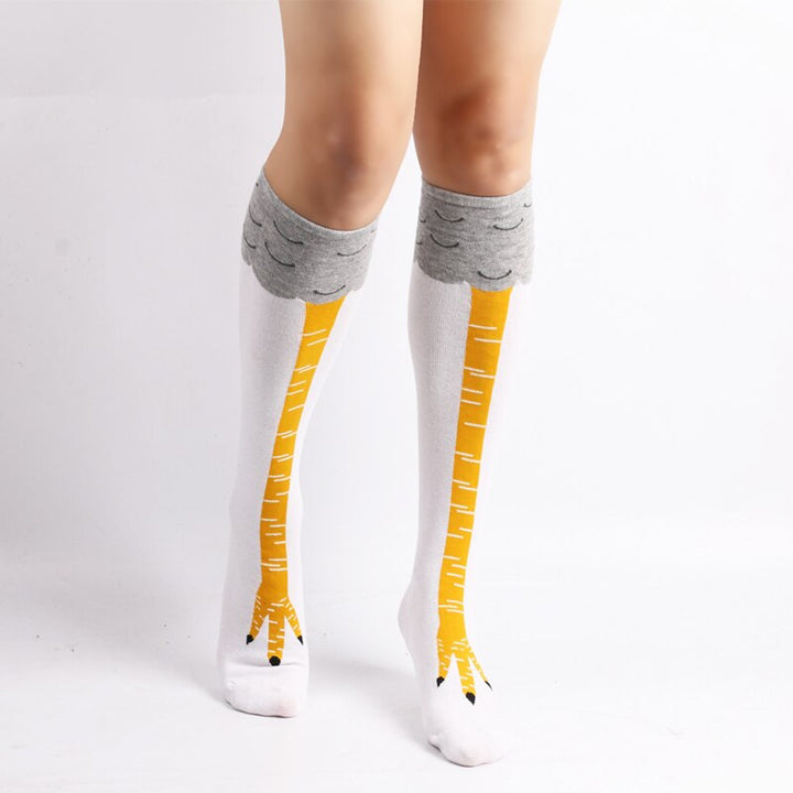 Damen-Kniestrümpfe mit Hühnerbein-Design, weiß-gelb, Baumwolle, lustige Socken.