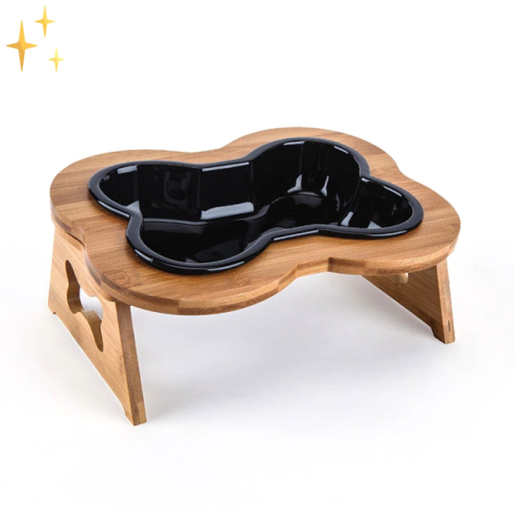 Hunde-Futternapf aus Holz, Knochenform, schwarz, erhöht, rutschfest, für sauberes Fressen.