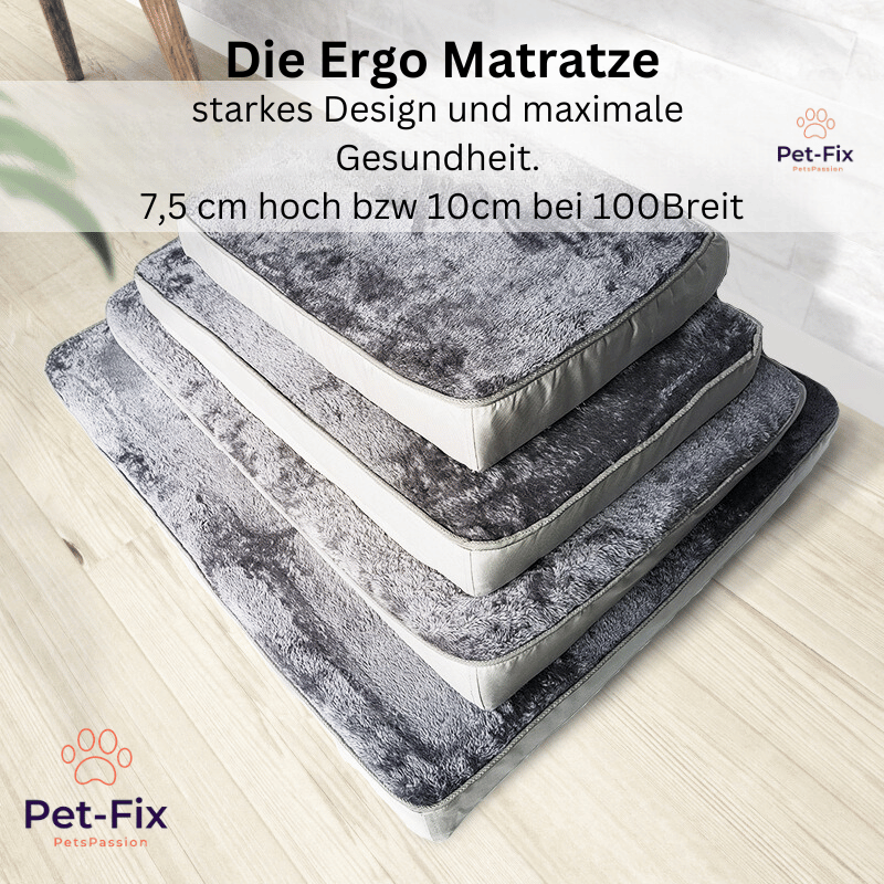 Graue Hundematratze aus Memory-Schaum, stapelbar, verschiedene Größen, ergonomisch, bequem.