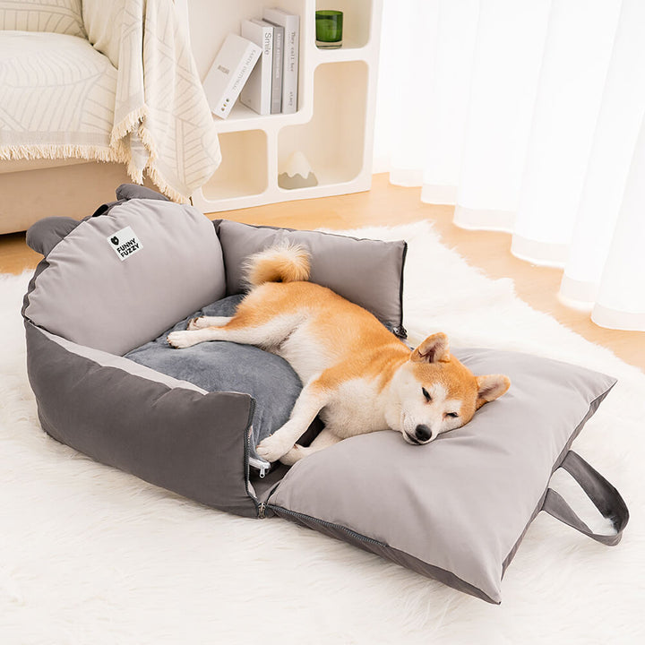 Hundebett Auto grau, Sicherheitsbett mit Bärenohren, Haustierbett für Reisen, gemütlich, weich.