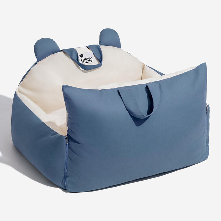 Blaues Hundebett mit Bärenohren, Autositzeinsatz, Sicherheitsbett, waschbar, FunnyFuzzy.