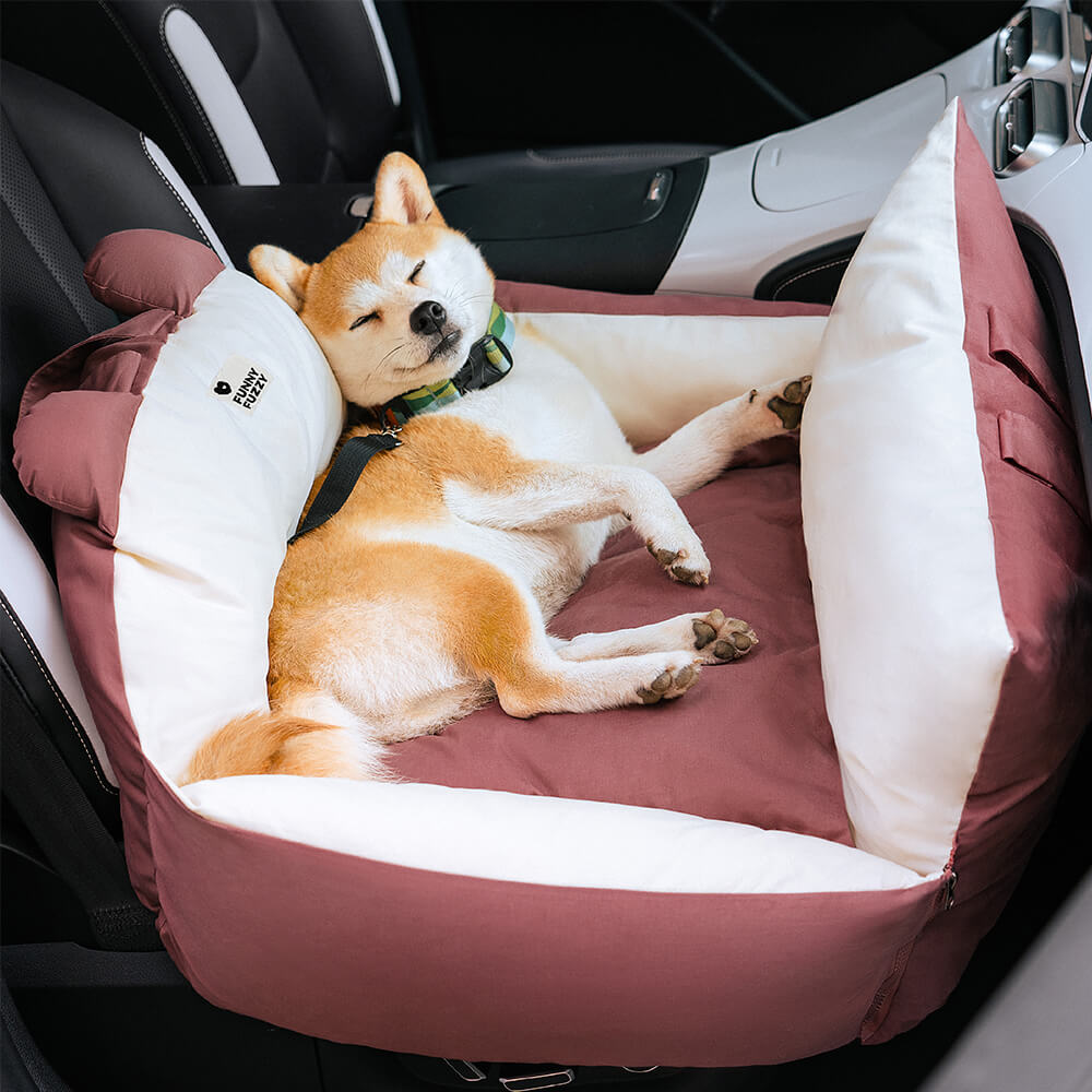 Hundebett Auto Sicherheitsbett mit Bärenohren, braun-weiß, für Haustiere, bequem und sicher.