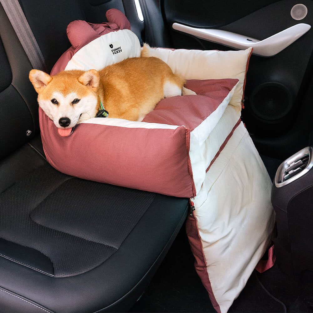 Hundebett Auto, rosa-weiß, mit Bärenohren, Sicherheitsbett für Haustiere, Rücksitz, bequem.