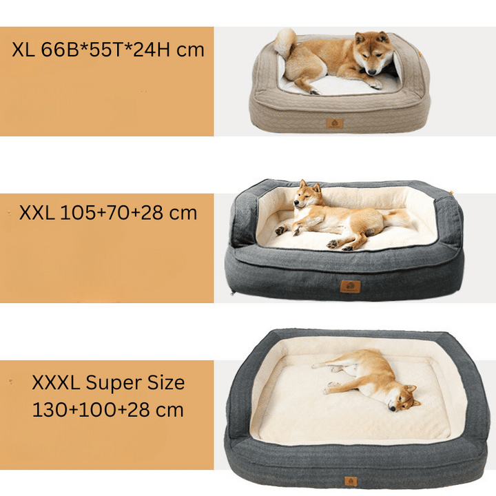 Hundebett in verschiedenen Größen, beige und grau, mit Hund, bequemes Haustierbett.